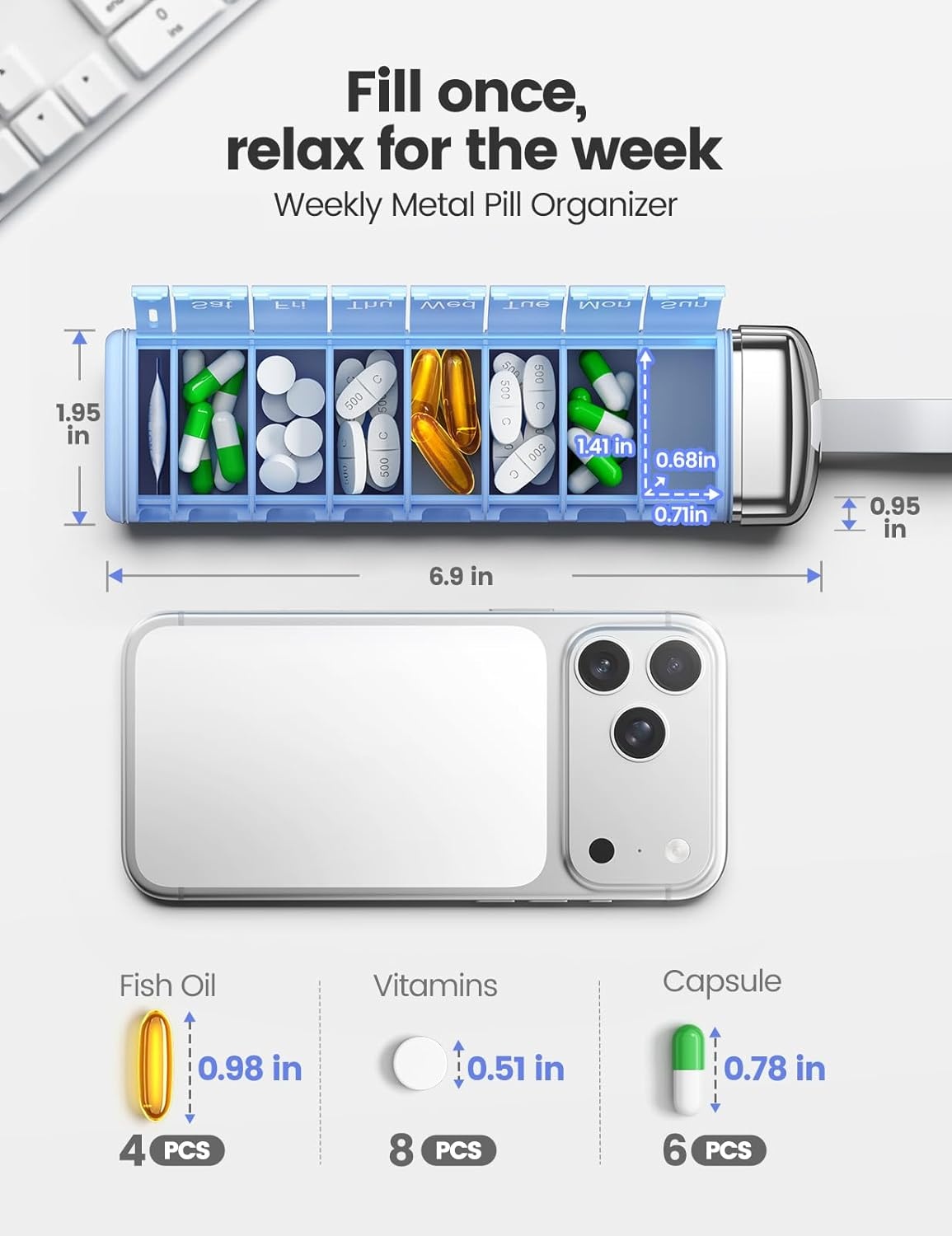 image:imageVaydeer Metal 7 Day Pill Organizer with Builtin Desiccant Compartment Airtight Weekly Travel Pill Box with Carry Handle Slim SlideOut Pill Case for Medication Vitamins amp Supplements SilverA1silver