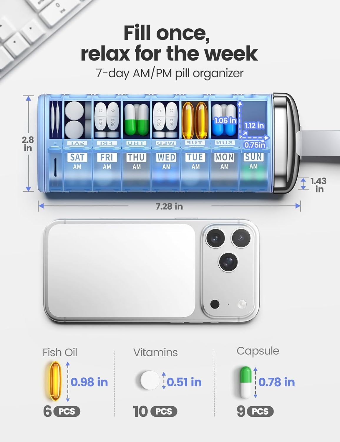 image:imageVaydeer Metal 7 Day Pill Organizer with Builtin Desiccant Compartment Airtight Weekly Travel Pill Box with Carry Handle Slim SlideOut Pill Case for Medication Vitamins amp Supplements SilverA1silver