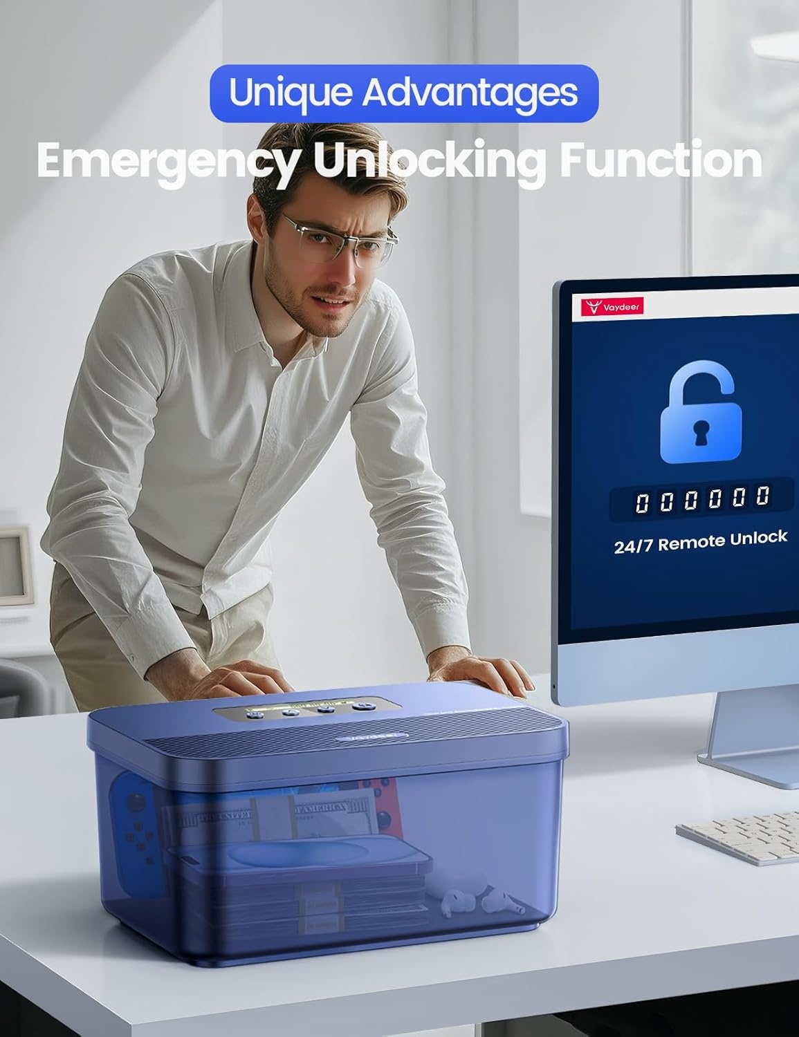 image:imageVaydeer Safe Timed Lock Box Phone Lock Box with Timer Unplug from Phones Video Games Social Media Snacks amp Cravings SelfControl Lockable Storage Box for Focus amp SelfControlDark BlueBlack