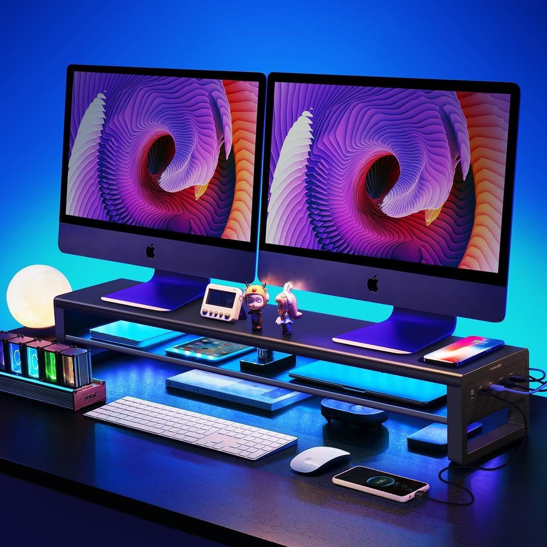image:imageVaydeer 2 Tiers Dual Monitor Stand Aluminum Monitor Riser with Wireless Charging and 4 USB 30 Hub Ports Metal StrongampSturdy for PC Monitor Laptop Computer TV Printer Space Saving Desk Organizer