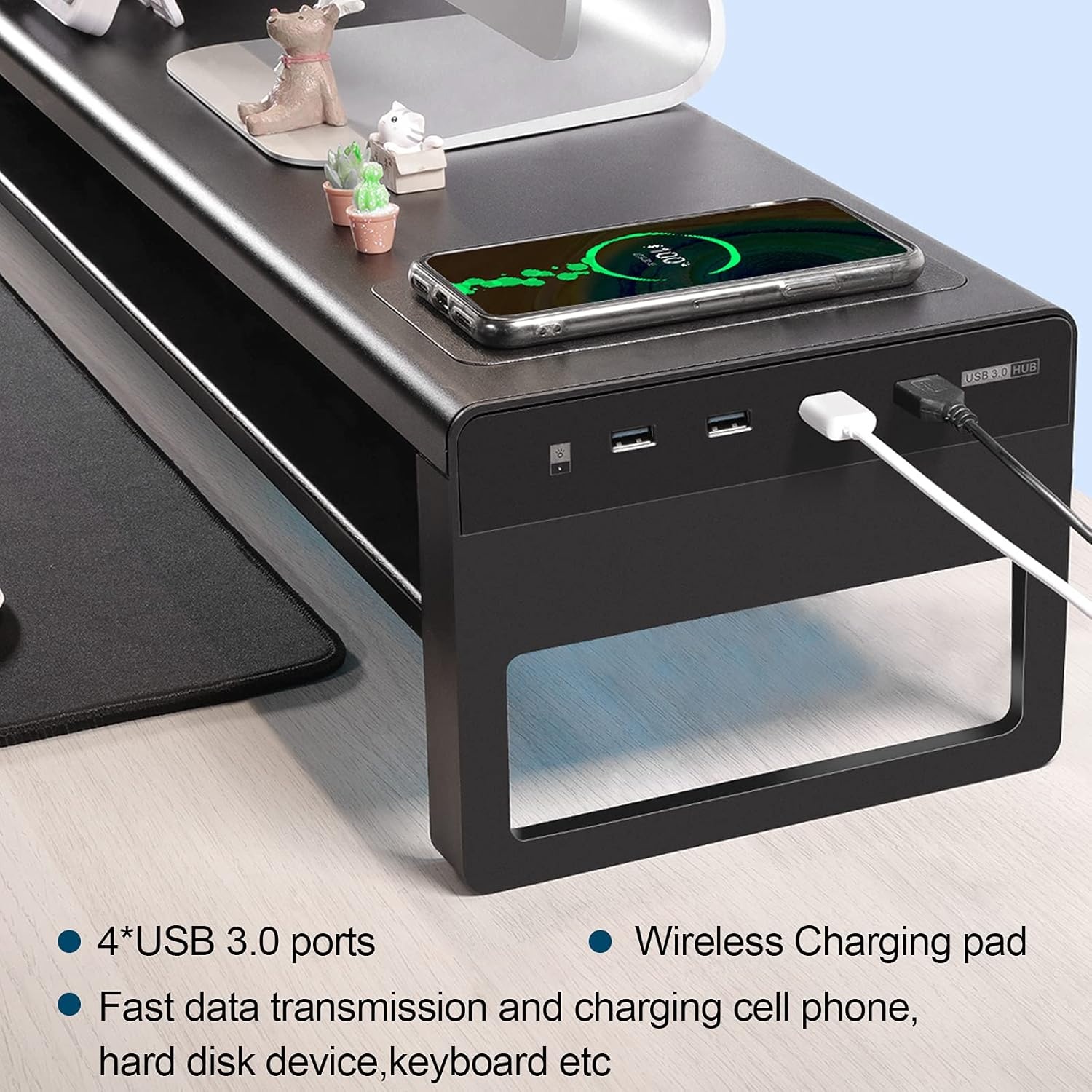 image:imageVaydeer 2 Tiers Dual Monitor Stand Aluminum Monitor Riser with Wireless Charging and 4 USB 30 Hub Ports Metal StrongampSturdy for PC Monitor Laptop Computer TV Printer Space Saving Desk Organizer