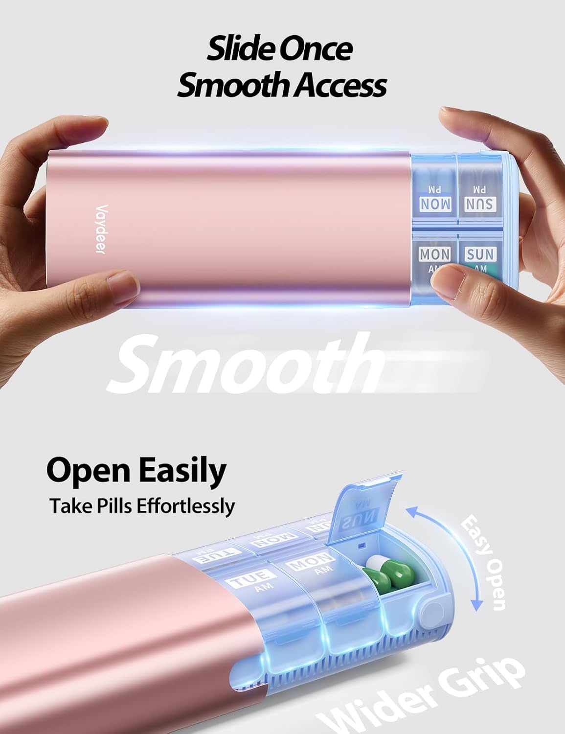 image:imageVaydeer 7 Day Weekly Pill Organizer 2 Times a Day Metal Am Pm Travel Pill Case Large Capacity Twice Daily Cute Pill Box for Supplements Pills Vitamins and Medication PurpleRose Gold