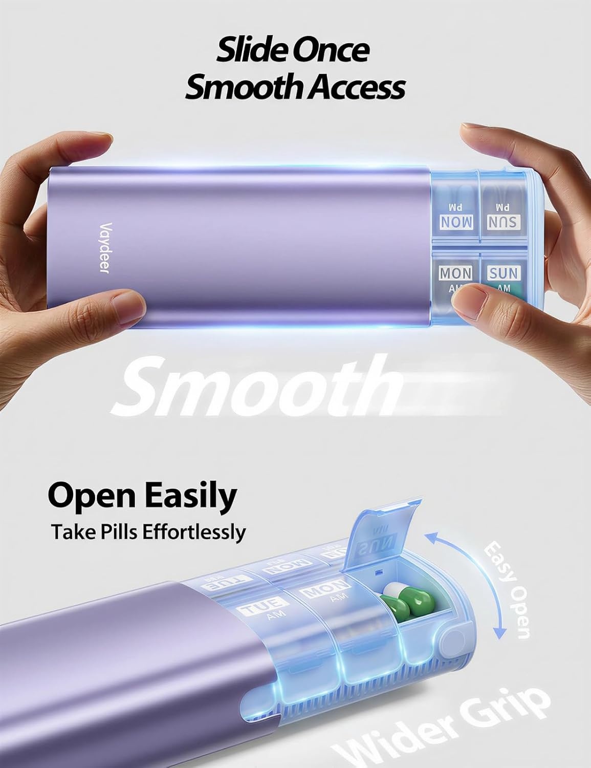 image:imageVaydeer 7 Day Weekly Pill Organizer 2 Times a Day Metal Am Pm Travel Pill Case Large Capacity Twice Daily Cute Pill Box for Supplements Pills Vitamins and Medication PurplePurple