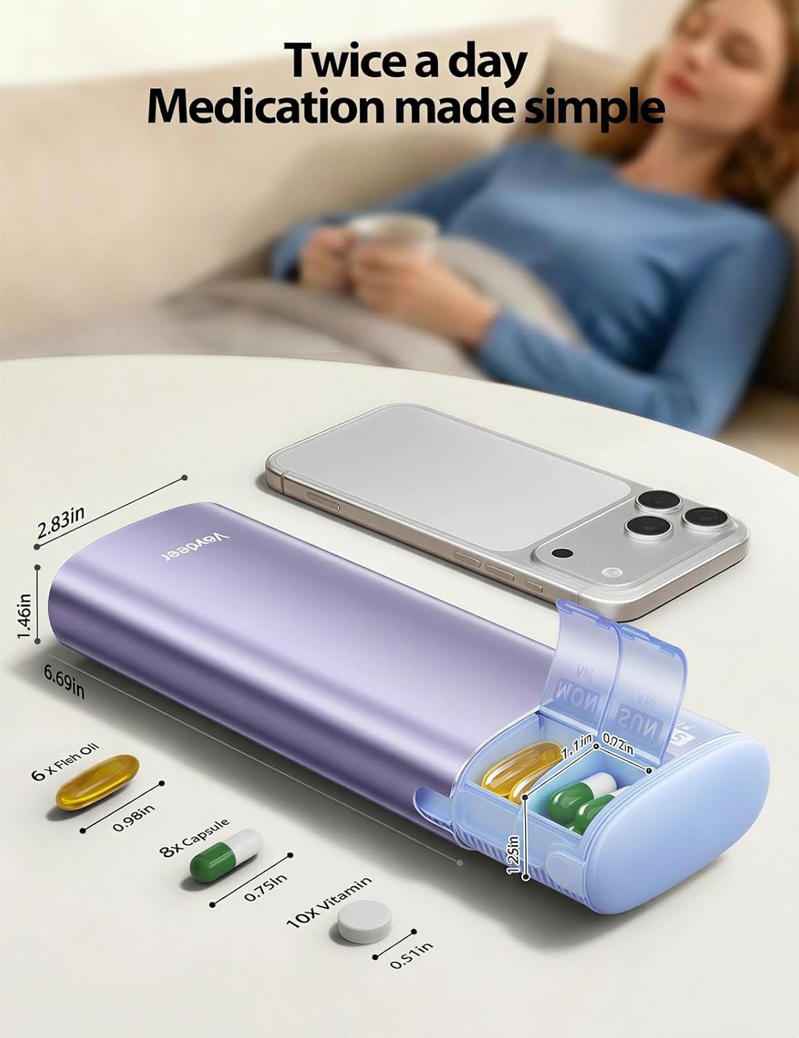 image:imageVaydeer 7 Day Weekly Pill Organizer 2 Times a Day Metal Am Pm Travel Pill Case Large Capacity Twice Daily Cute Pill Box for Supplements Pills Vitamins and Medication PurplePurple