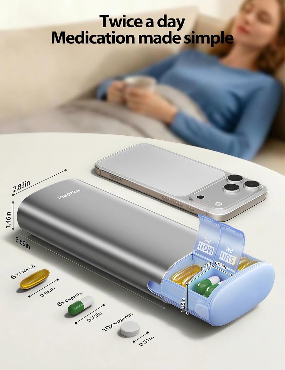 image:imageVaydeer 7 Day Weekly Pill Organizer 2 Times a Day Metal Am Pm Travel Pill Case Large Capacity Twice Daily Cute Pill Box for Supplements Pills Vitamins and Medication PurpleGray