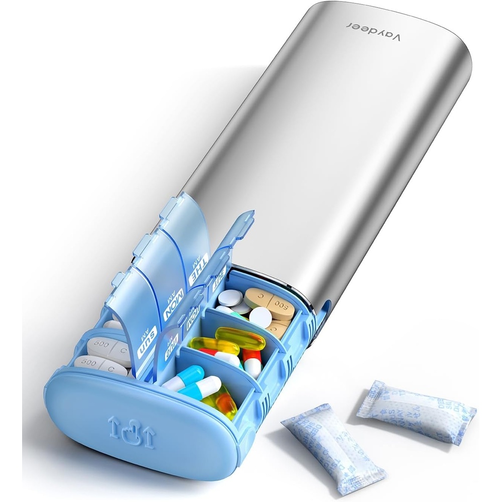 image:imageVaydeer 7 Day Weekly Pill Organizer 2 Times a Day Metal Am Pm Travel Pill Case Large Capacity Twice Daily Cute Pill Box for Supplements Pills Vitamins and Medication PurpleSilver