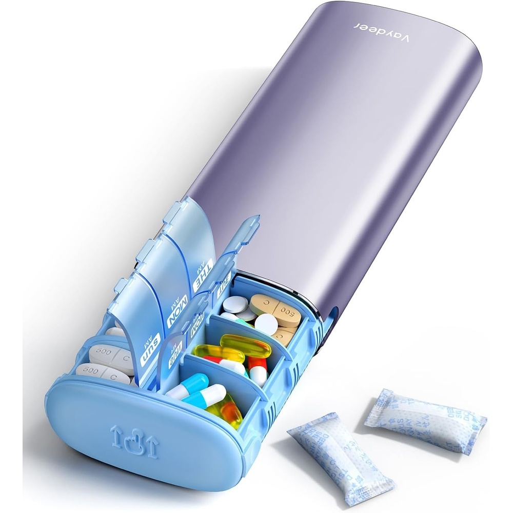 image:imageVaydeer 7 Day Weekly Pill Organizer 2 Times a Day Metal Am Pm Travel Pill Case Large Capacity Twice Daily Cute Pill Box for Supplements Pills Vitamins and Medication PurplePurple