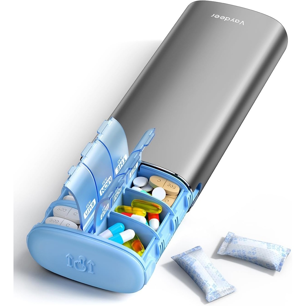 image:imageVaydeer 7 Day Weekly Pill Organizer 2 Times a Day Metal Am Pm Travel Pill Case Large Capacity Twice Daily Cute Pill Box for Supplements Pills Vitamins and Medication PurpleGray