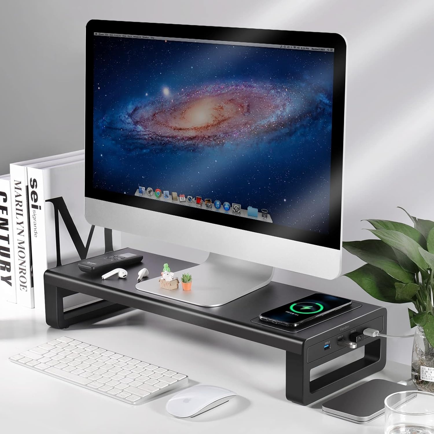 image:imageVaydeer Wireless Charging and USB 30 Monitor Stand Monitor Riser for Desk with Storage Single Shelf Holder Raiser Organizer for Computer iMac Laptop PC Screen Heavy Duty Gift Gaming Studio OfficeLarge
