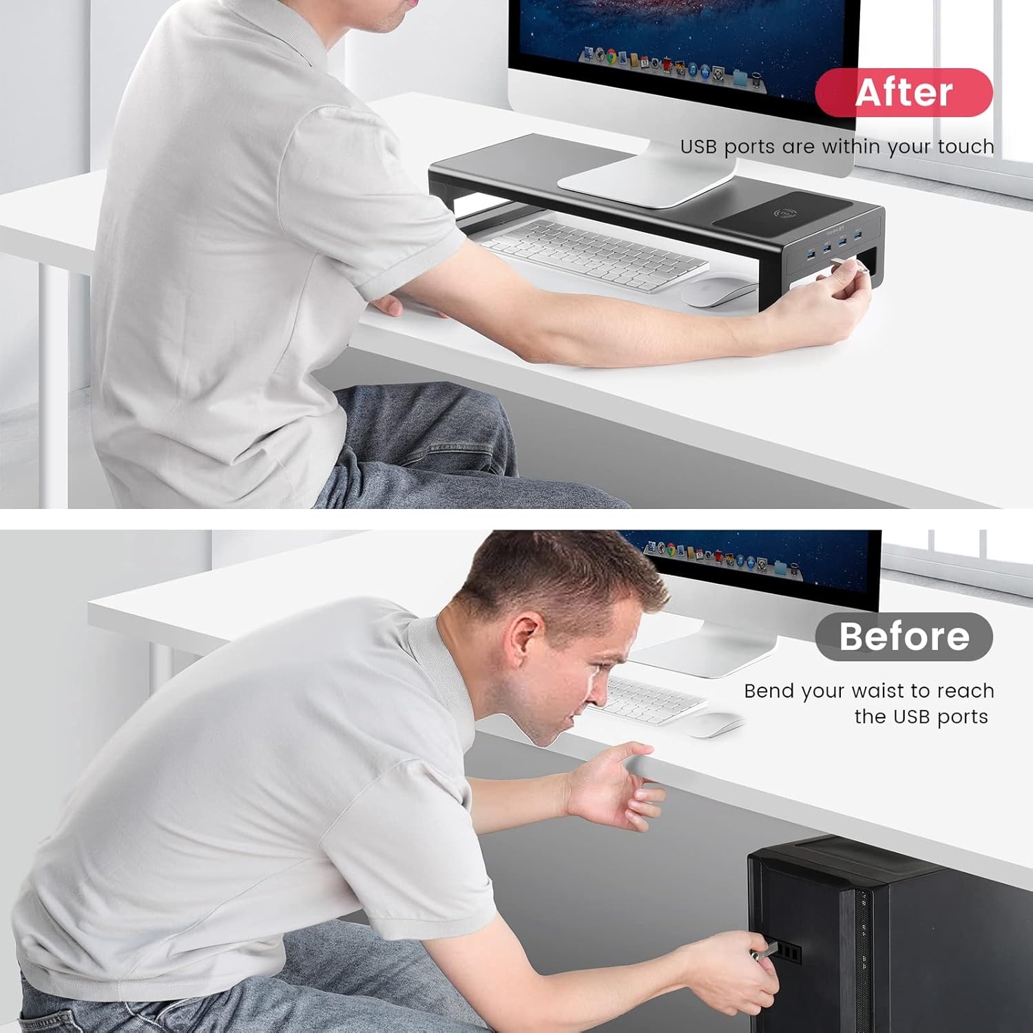 image:imageVaydeer Wireless Charging and USB 30 Monitor Stand Monitor Riser for Desk with Storage Single Shelf Holder Raiser Organizer for Computer iMac Laptop PC Screen Heavy Duty Gift Gaming Studio OfficeLarge