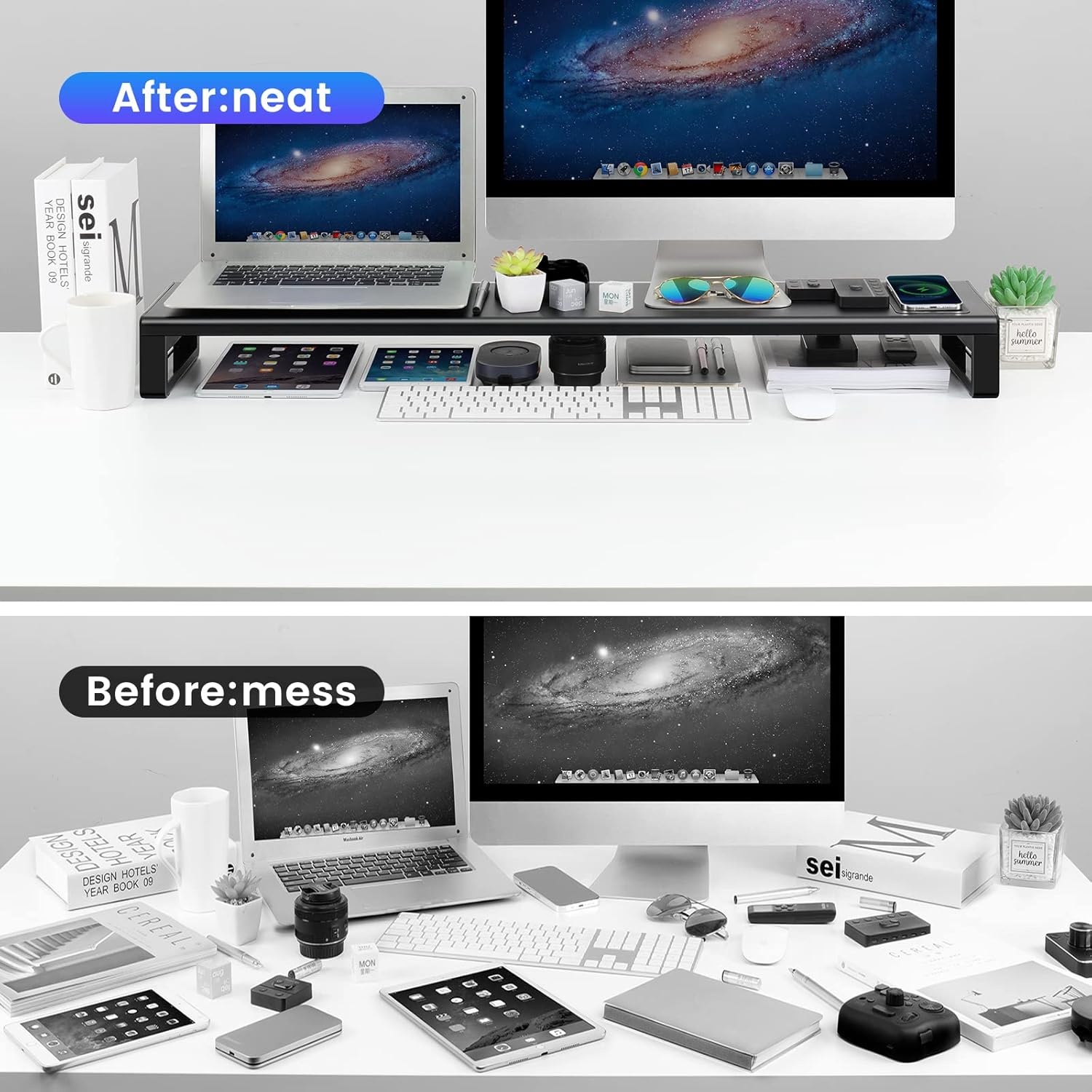 image:imageVaydeer Wireless Charging and USB 30 Monitor Stand Monitor Riser for Desk with Storage Single Shelf Holder Raiser Organizer for Computer iMac Laptop PC Screen Heavy Duty Gift Gaming Studio OfficeXLarge