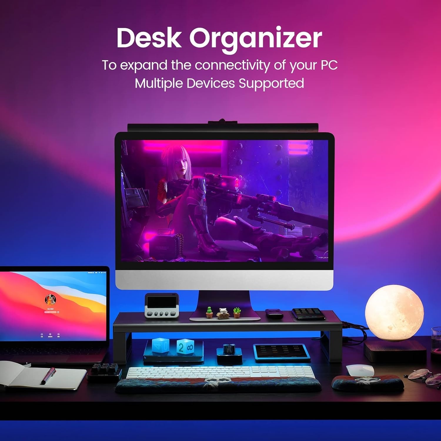 image:imageVaydeer Wireless Charging and USB 30 Monitor Stand Monitor Riser for Desk with Storage Single Shelf Holder Raiser Organizer for Computer iMac Laptop PC Screen Heavy Duty Gift Gaming Studio OfficeLarge