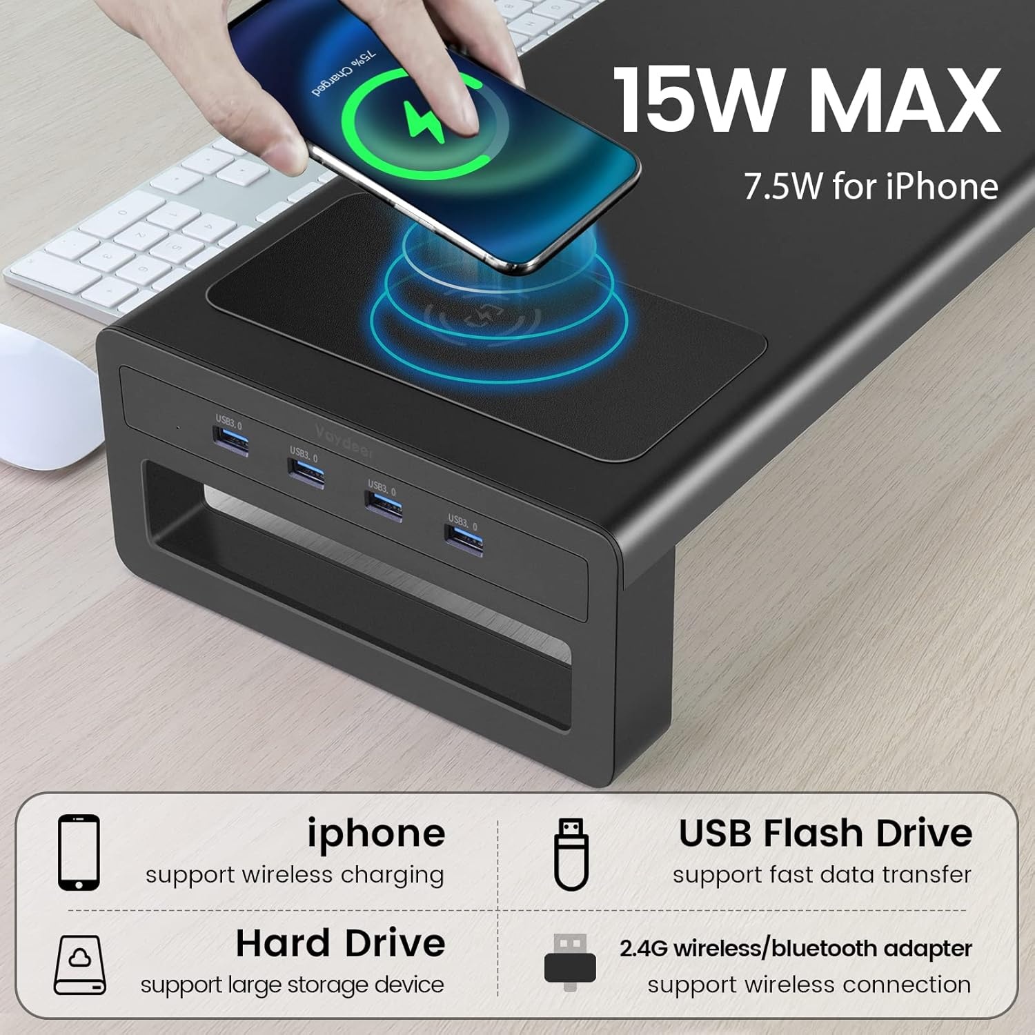 image:imageVaydeer Wireless Charging and USB 30 Monitor Stand Monitor Riser for Desk with Storage Single Shelf Holder Raiser Organizer for Computer iMac Laptop PC Screen Heavy Duty Gift Gaming Studio OfficeLarge