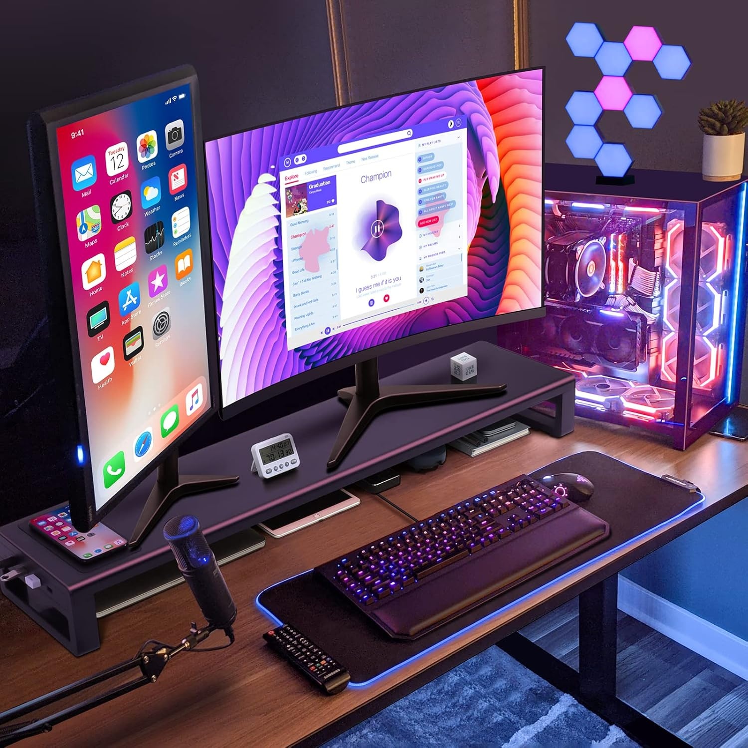 image:imageVaydeer Wireless Charging and USB 30 Monitor Stand Monitor Riser for Desk with Storage Single Shelf Holder Raiser Organizer for Computer iMac Laptop PC Screen Heavy Duty Gift Gaming Studio OfficeXLarge