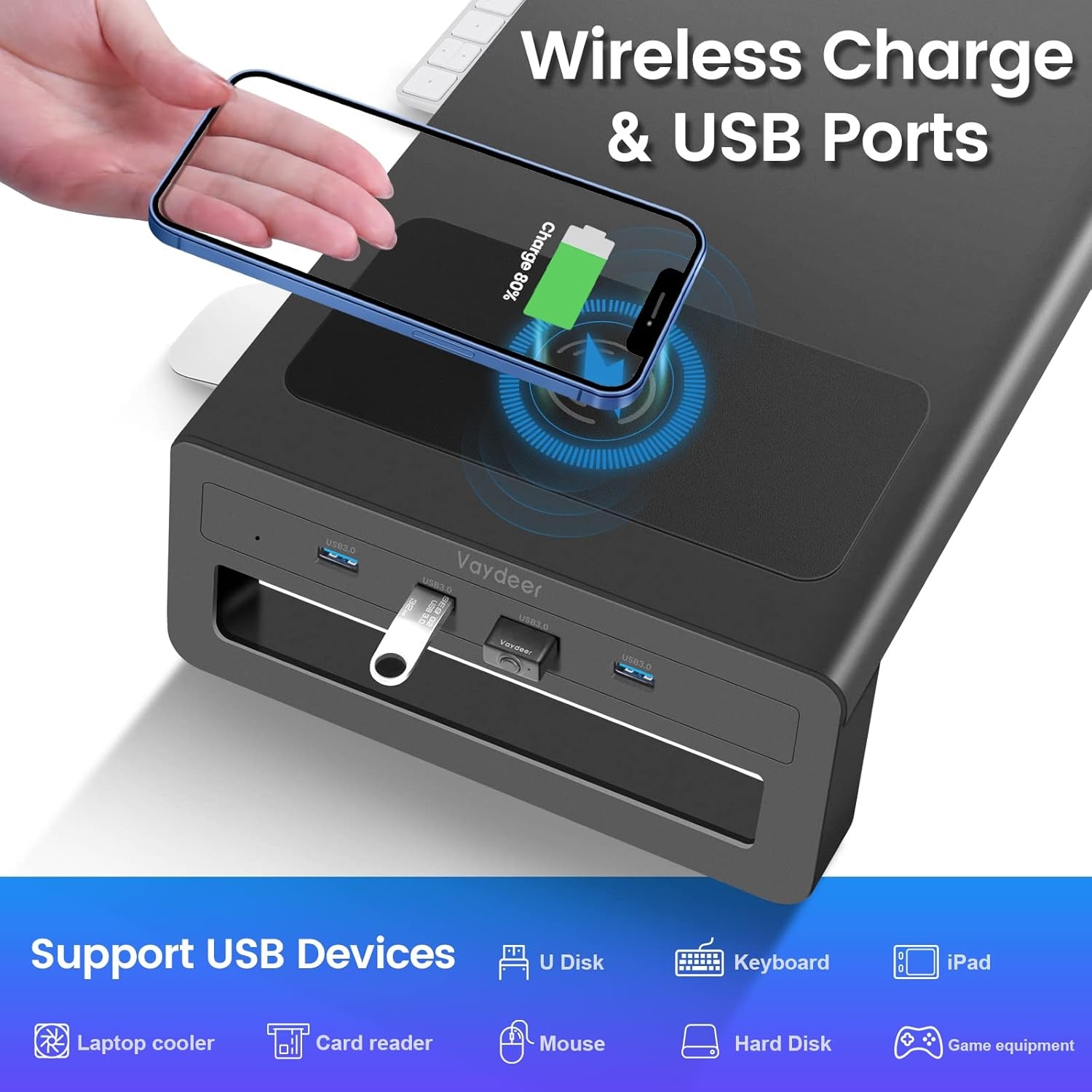 image:imageVaydeer Wireless Charging and USB 30 Monitor Stand Monitor Riser for Desk with Storage Single Shelf Holder Raiser Organizer for Computer iMac Laptop PC Screen Heavy Duty Gift Gaming Studio OfficeXLarge
