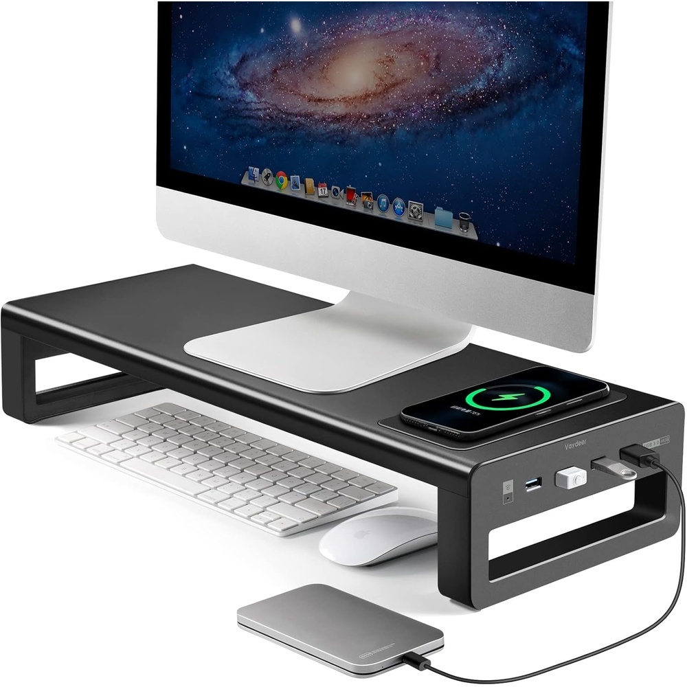 image:imageVaydeer Wireless Charging and USB 30 Monitor Stand Monitor Riser for Desk with Storage Single Shelf Holder Raiser Organizer for Computer iMac Laptop PC Screen Heavy Duty Gift Gaming Studio OfficeLarge