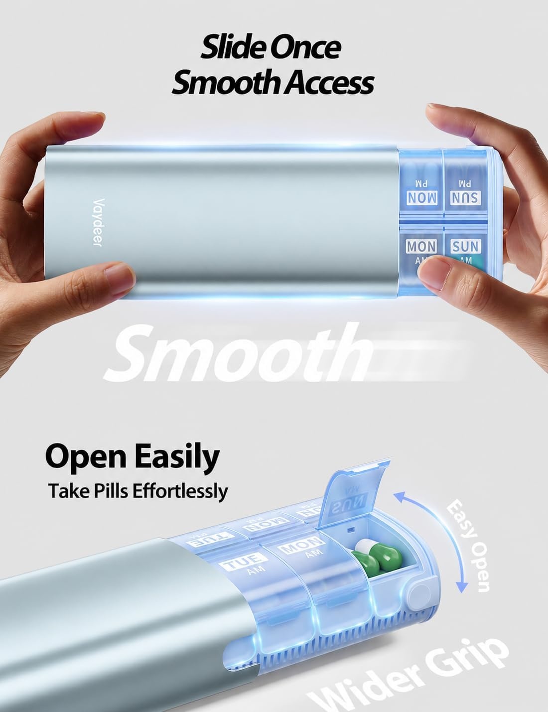 image:imageVaydeer Metal 7 Day Pill Organizer 2 Times a Day AM PM Weekly Travel Pill Case with MoistureProof Desiccant Airtight Large Capacity Pill Box for Vitamins Medications amp Supplements BlackBlue