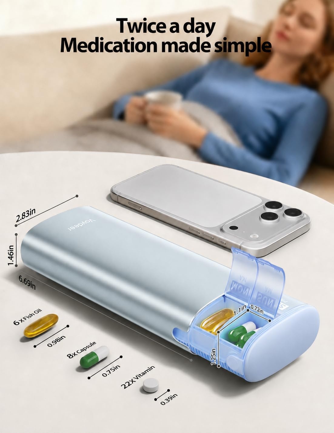 image:imageVaydeer Metal 7 Day Pill Organizer 2 Times a Day AM PM Weekly Travel Pill Case with MoistureProof Desiccant Airtight Large Capacity Pill Box for Vitamins Medications amp Supplements BlackBlue