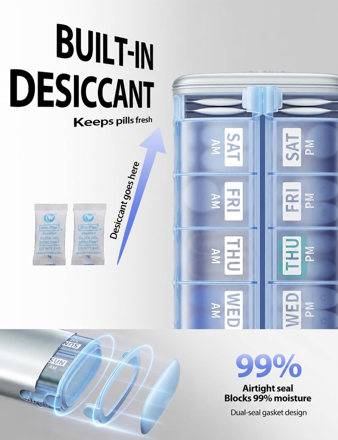 image:imageVaydeer Metal 7 Day Pill Organizer 2 Times a Day AM PM Weekly Travel Pill Case with MoistureProof Desiccant Airtight Large Capacity Pill Box for Vitamins Medications amp Supplements BlackBlue
