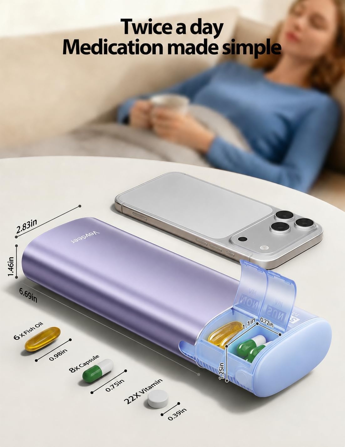 image:imageVaydeer Metal 7 Day Pill Organizer 2 Times a Day AM PM Weekly Travel Pill Case with MoistureProof Desiccant Airtight Large Capacity Pill Box for Vitamins Medications amp Supplements BlackPurple