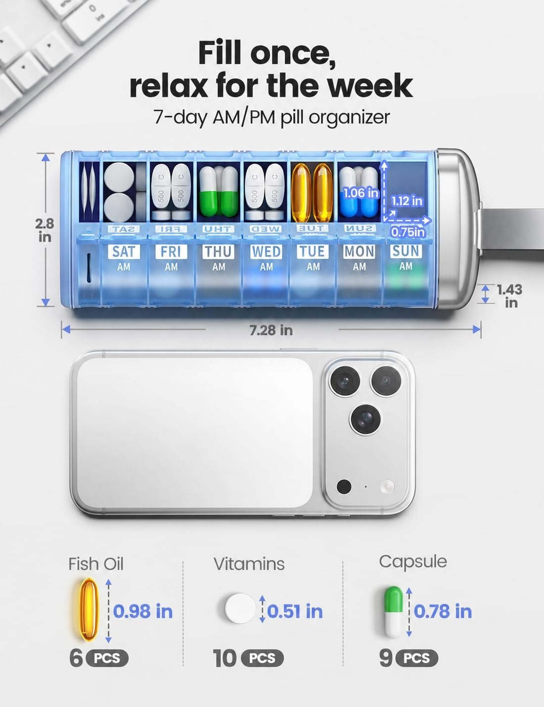 image:imageVaydeer Metal Pill Organizer 2 Times a Day AM PM 7 Day Weekly Pill Box with Builtin Desiccant Airtight MoistureResistant Travel Pill Case for Medication amp Supplements BlueA2grey