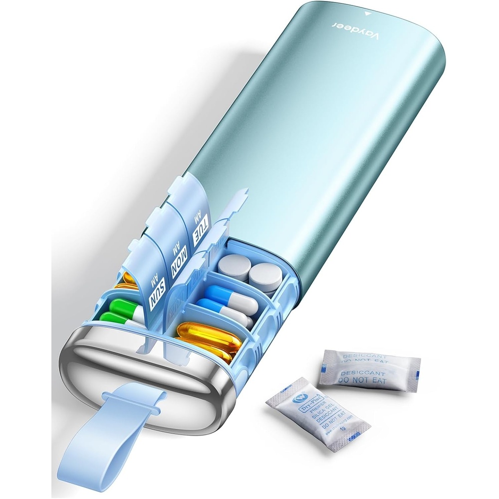 image:imageVaydeer Metal Pill Organizer 2 Times a Day AM PM 7 Day Weekly Pill Box with Builtin Desiccant Airtight MoistureResistant Travel Pill Case for Medication amp Supplements BlueA4blue